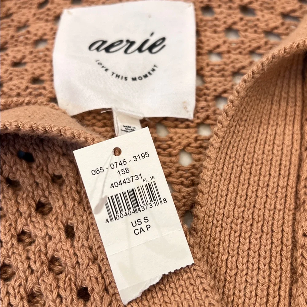 Aerie NWT Oversized Open Knit Polo Sweater in Tan 100% Cotton Size Small - Picture 5 of 9